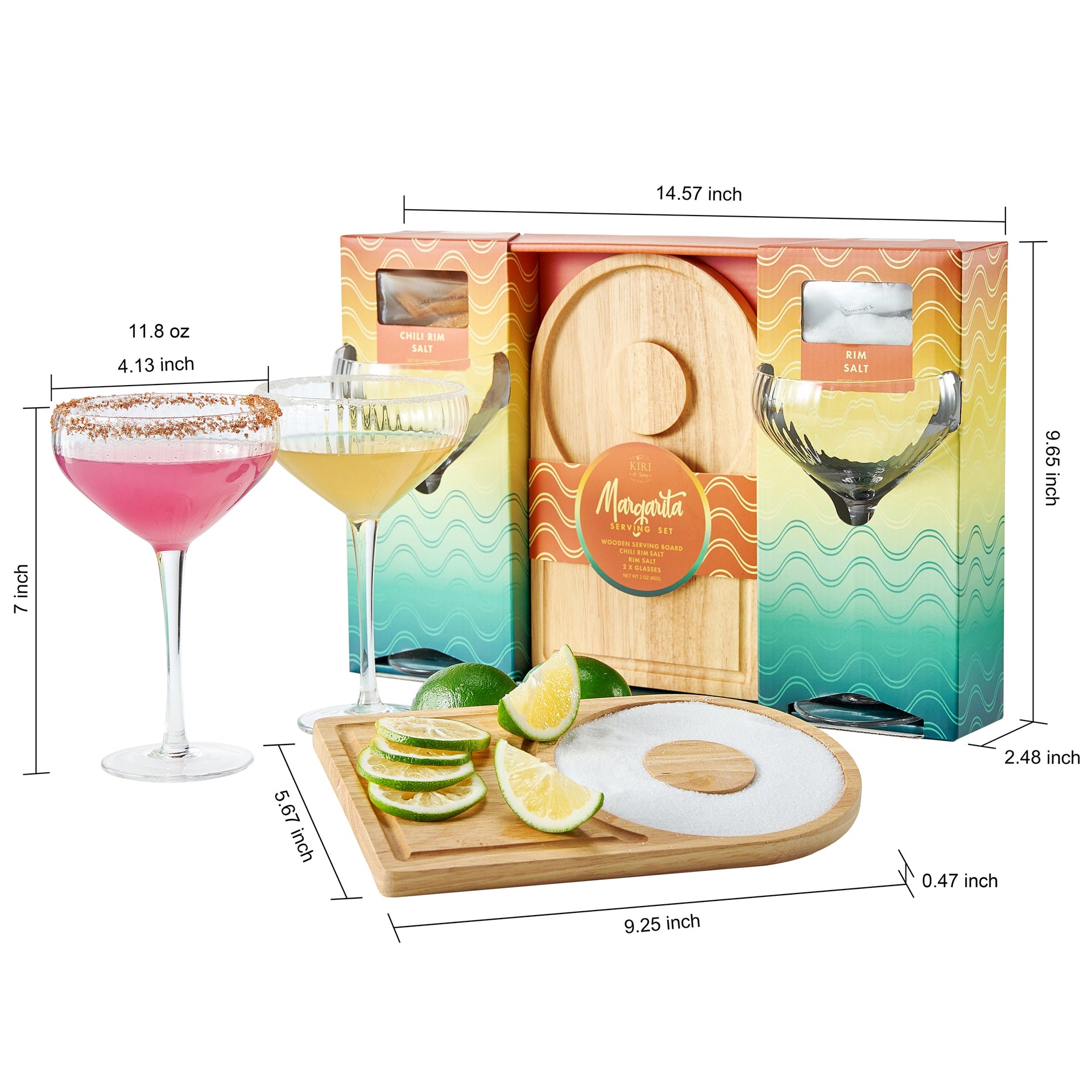 Margarita Glass, Salt & Board Gift Set - Includes 2 Ribbed 12oz Stemmed Glasses, Chili & Regular Salt, Wooden Rimmer Board, Beautiful Gift Box - Gifts for Margarita Lovers, Cocktail Parties, Holiday
