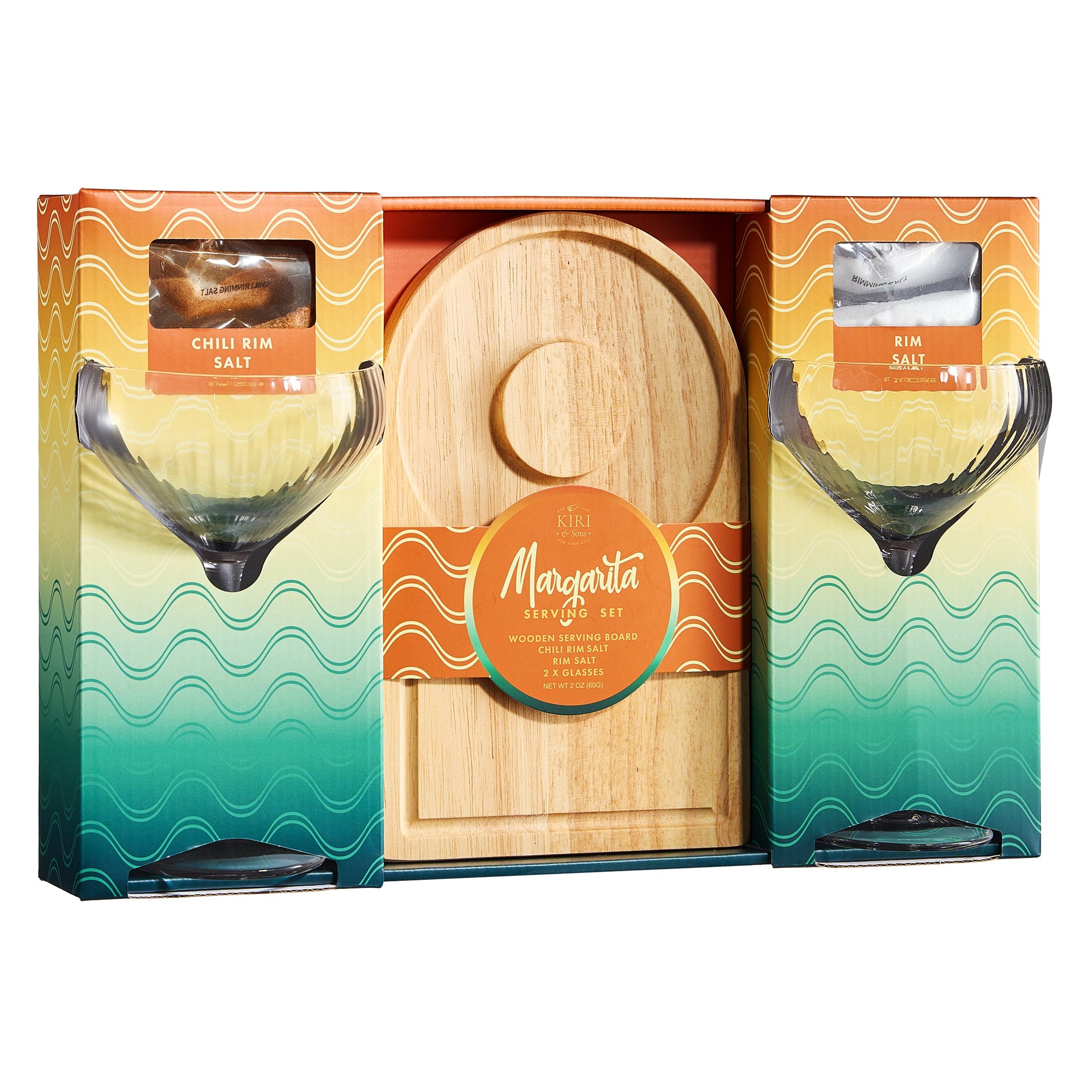 Margarita Glass, Salt & Board Gift Set - Includes 2 Ribbed 12oz Stemmed Glasses, Chili & Regular Salt, Wooden Rimmer Board, Beautiful Gift Box - Gifts for Margarita Lovers, Cocktail Parties, Holiday