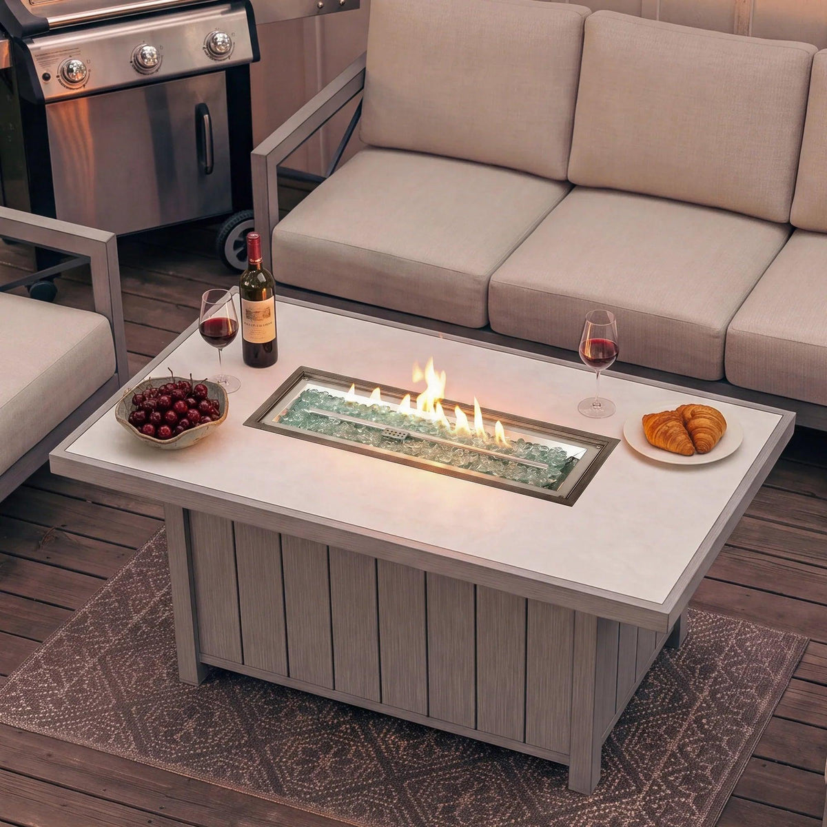 Marindo 6-Piece Faux-Wood Aluminum Swivel Patio Set with Fire Pit and Ottomans