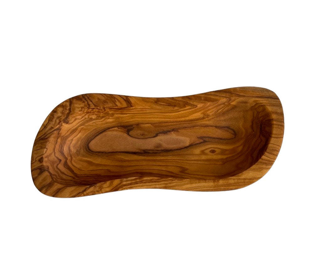 Top view of Mediterranean Olive Wood Multi-Purpose Bowl showcasing unique wood patterns, perfect for stylish serveware or home display.