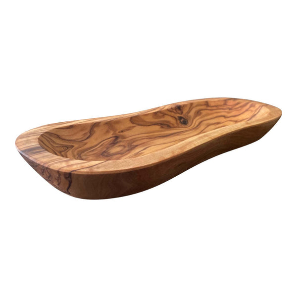 Mediterranean Olive Wood Multi-Purpose Bowl with elongated wavy shape and rich natural grain, ideal for serving or kitchen decor.