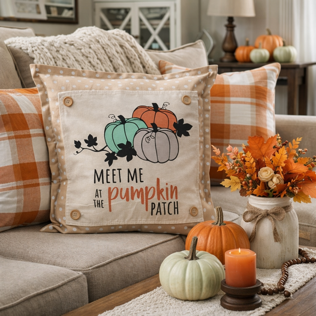 PANEL ONLY: SQUARE Fall, Autumn Thanksgiving Gingham for throw pillow MEET ME AT THE PUMPKIN PATCH