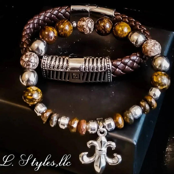 Men's Bronzite and Silver Hematite Bracelet set - Gifts for You 'n Me