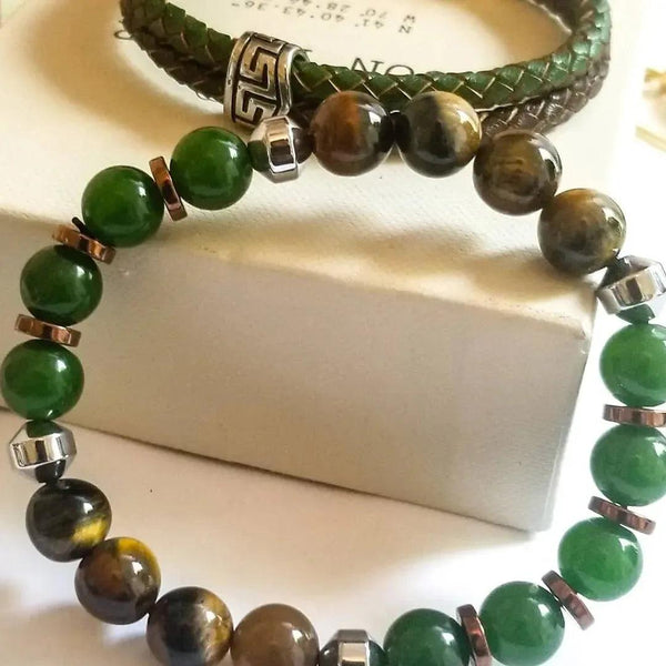 Men's Tiger and Green Jasper Leather Bracelet Set - Gifts for You 'n Me