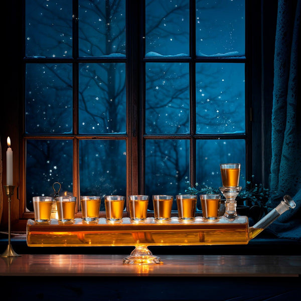 Menorah Decanter Set - Decanter & 8 Piece Shot Glass Set - 34 OZ Wine & Whiskey Glassware, Hannukkah Israel Decor, For All 8 Nights of Chanukah, Holiday Gift for Him, Her, Jewish Gifts