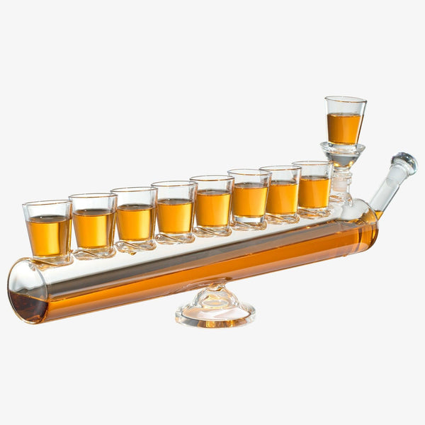 Menorah Decanter Set - Decanter & 8 Piece Shot Glass Set - 34 OZ Wine & Whiskey Glassware, Hannukkah Israel Decor, For All 8 Nights of Chanukah, Holiday Gift for Him, Her, Jewish Gifts