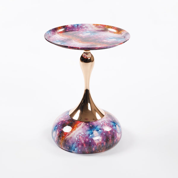 Mermaid Tail End Coffee Table Round Side with galaxy print top and base, gold stem accent, modern accent table for living rooms by Buddify.