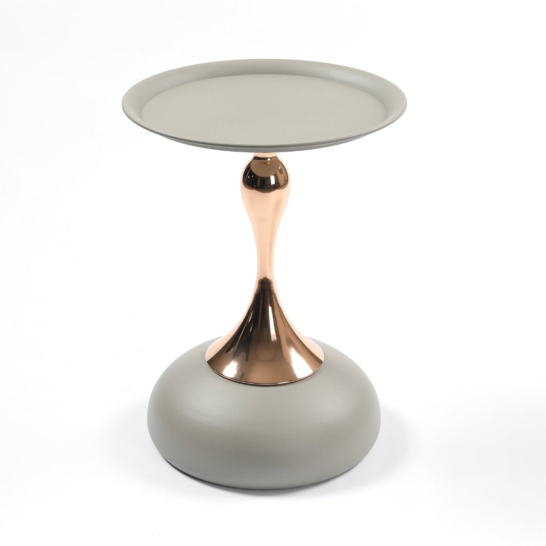 Mermaid Tail End Coffee Table Round Side Table with modern metal pedestal in matte gray and rose gold finish, ideal for contemporary interiors.