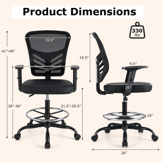 Mesh Drafting Chair Office Chair with Adjustable Armrests and Foot-Ring-Black