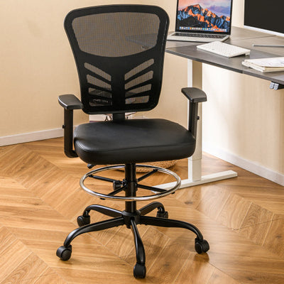 Mesh Drafting Chair Office Chair with Adjustable Armrests and Foot-Ring-Black