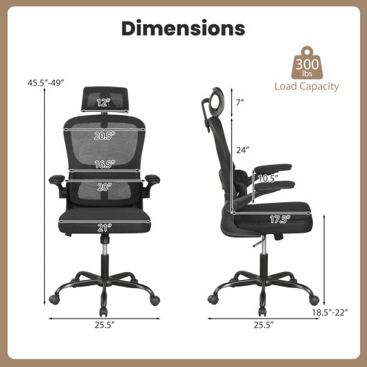 Mesh Office Chair with Adaptive Lumbar Support  Flip-up Armrests  Reclining Backrest-Black