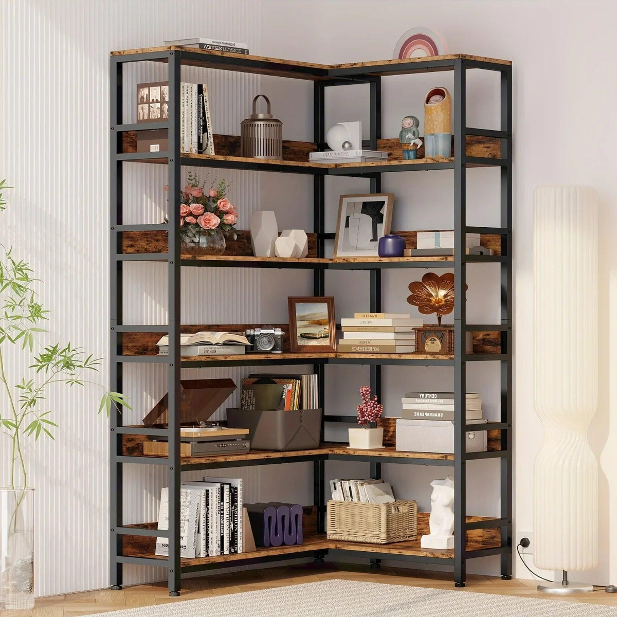 Metal 6-Tier Corner Bookshelf with Spinning Feature for Small Spaces