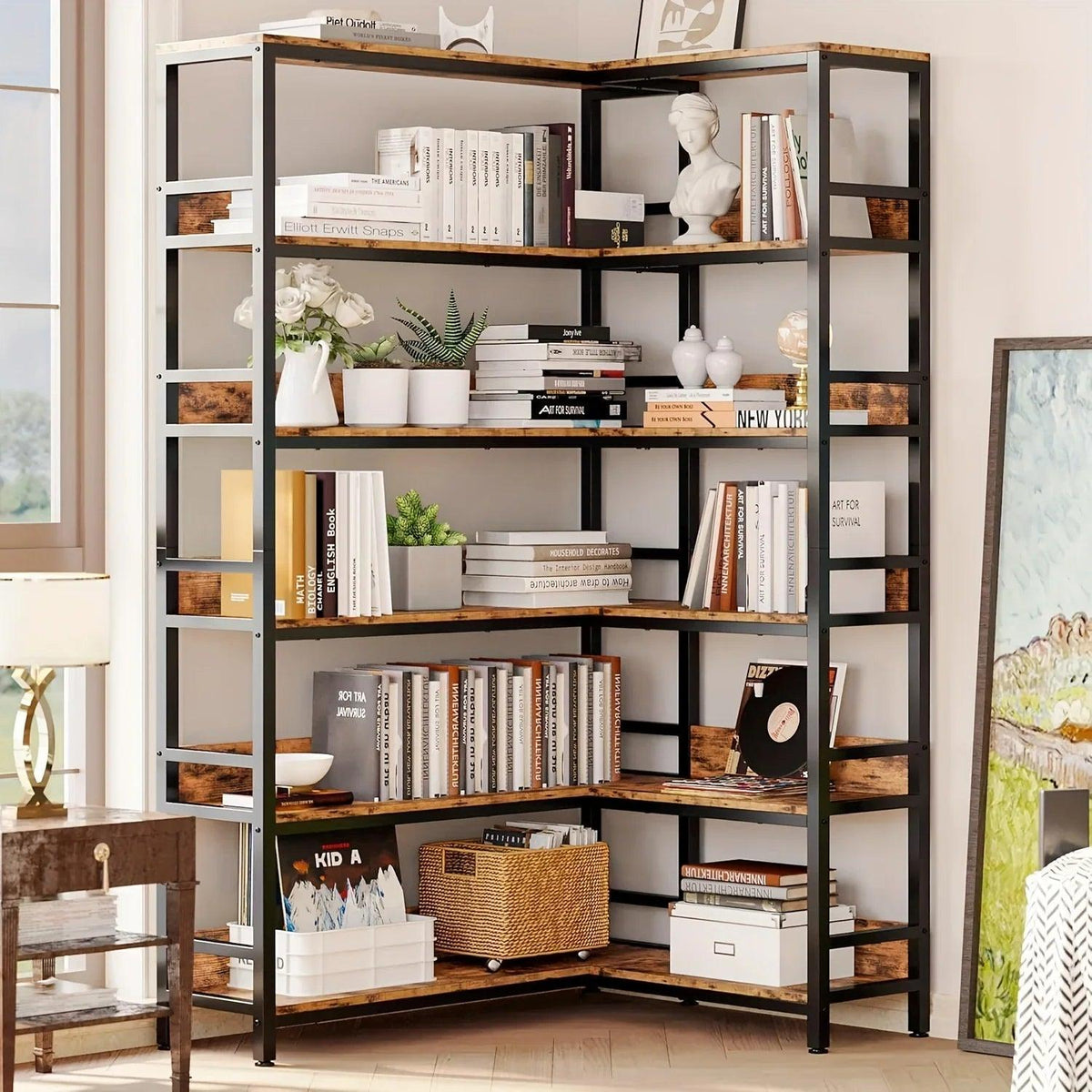 Metal 6-Tier Corner Bookshelf with Spinning Feature for Small Spaces