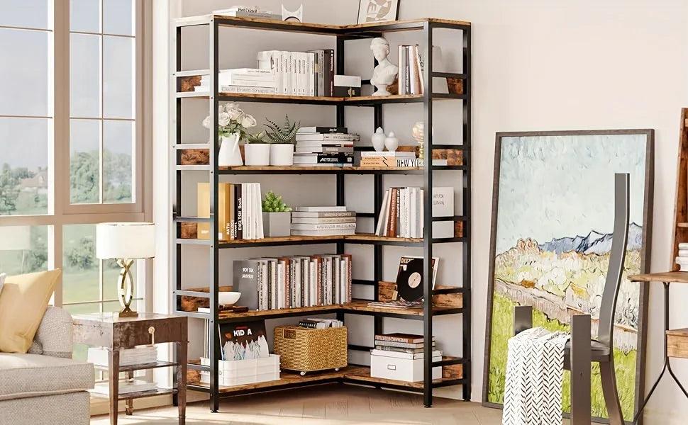 Metal 6-Tier Corner Bookshelf with Spinning Feature for Small Spaces