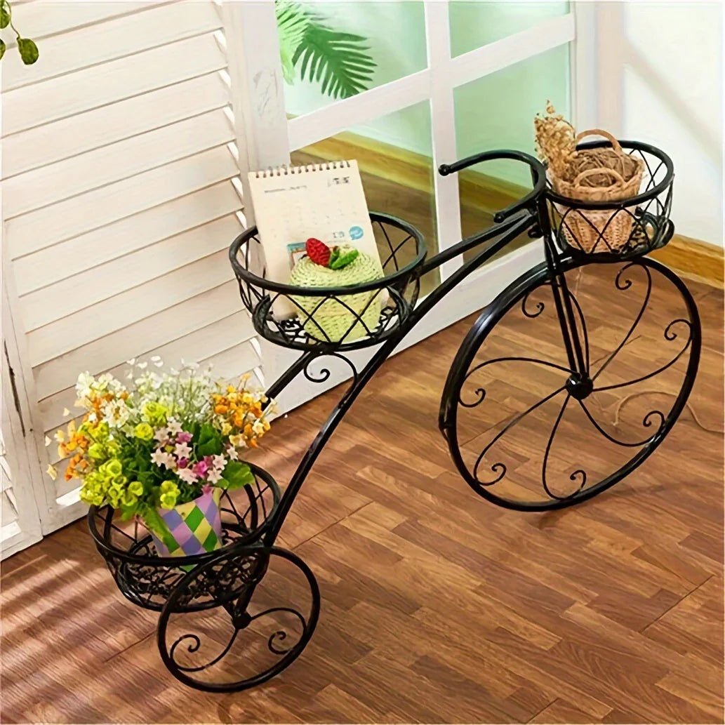 Metal Bicycle Planter 3 Tier Tricycle Flower Plant Stand Parisian Style Flower Display Stand Cart For Home Decor Patio Garden Flower Shop Indoor Outdoor