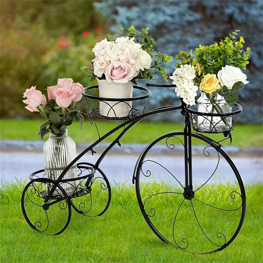 Metal Bicycle Planter 3 Tier Tricycle Flower Plant Stand Parisian Style Flower Display Stand Cart For Home Decor Patio Garden Flower Shop Indoor Outdoor