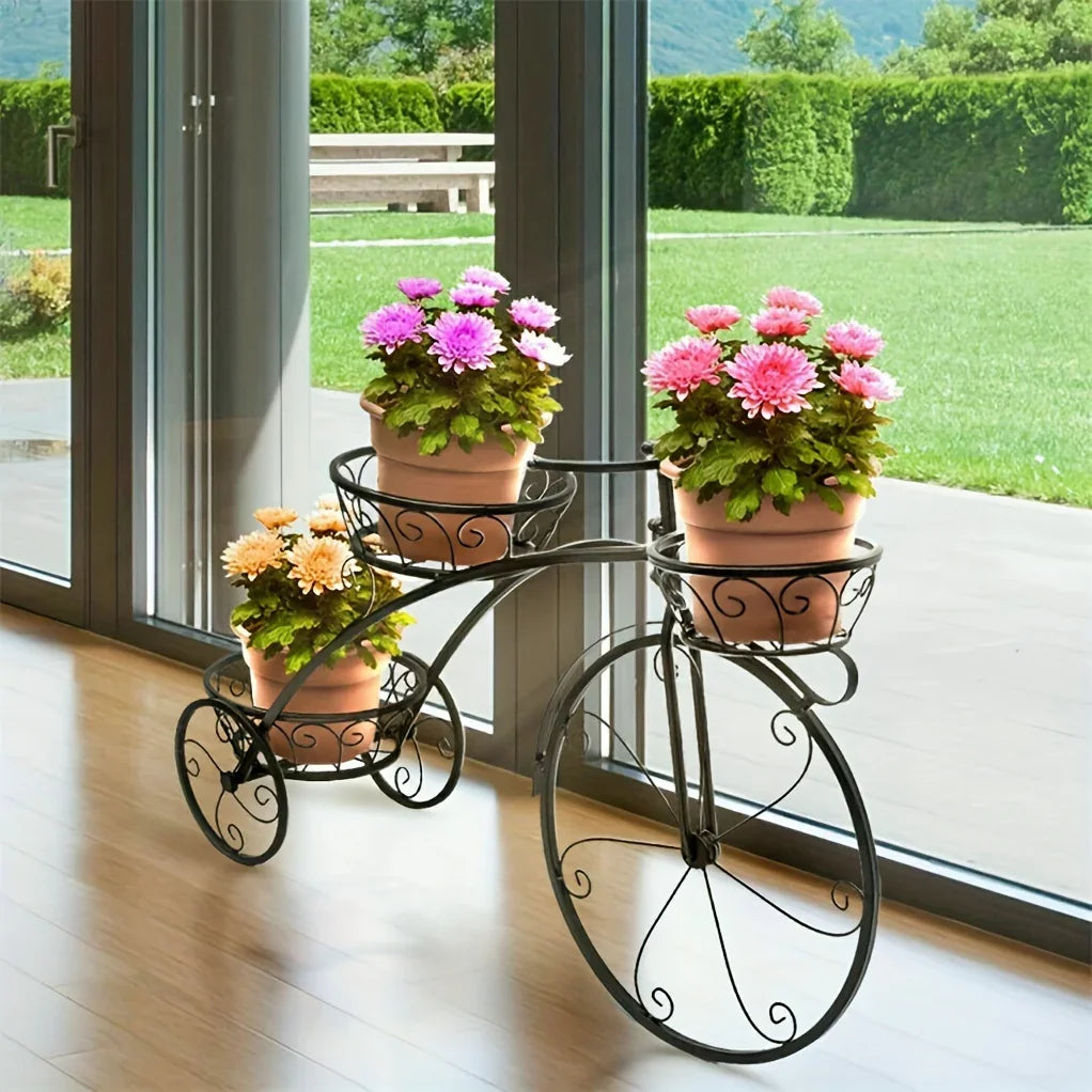 Metal Bicycle Planter 3 Tier Tricycle Flower Plant Stand Parisian Style Flower Display Stand Cart For Home Decor Patio Garden Flower Shop Indoor Outdoor