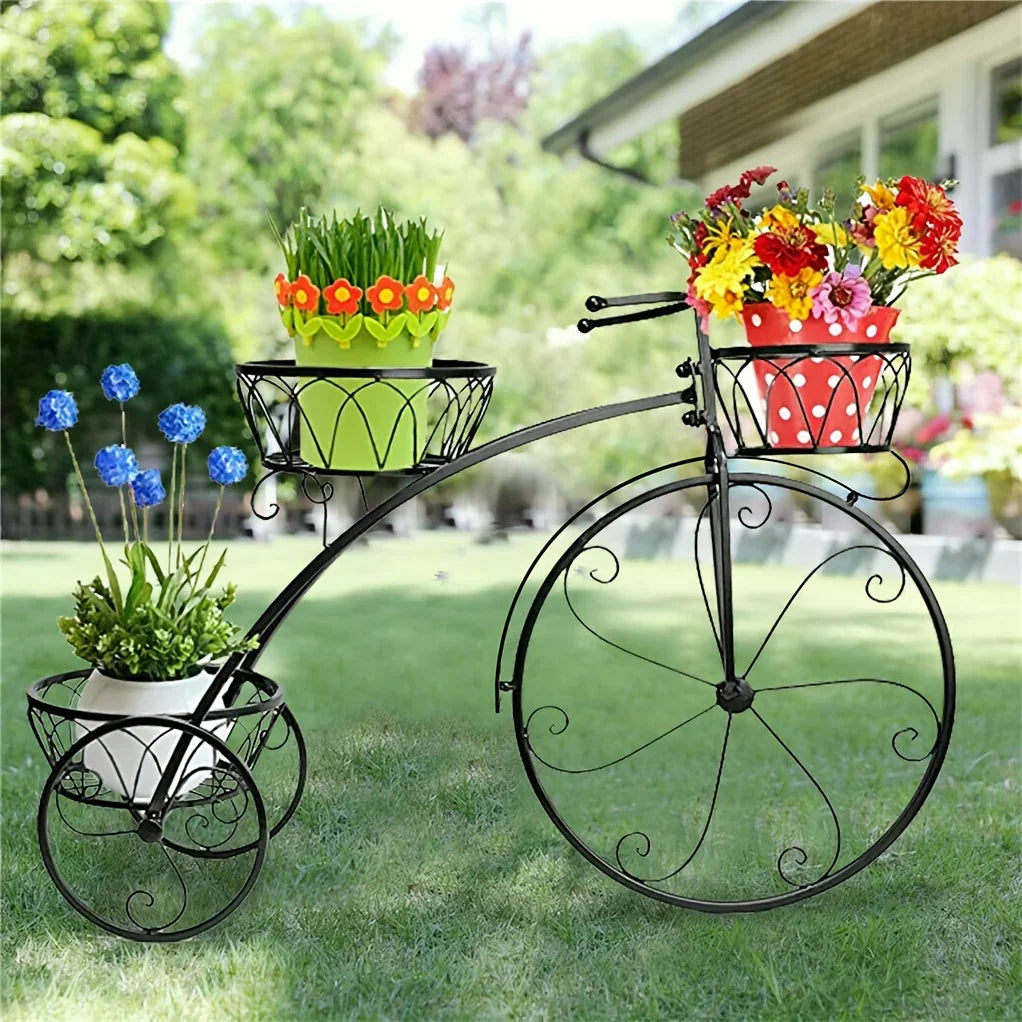 Metal Bicycle Planter 3 Tier Tricycle Flower Plant Stand Parisian Style Flower Display Stand Cart For Home Decor Patio Garden Flower Shop Indoor Outdoor