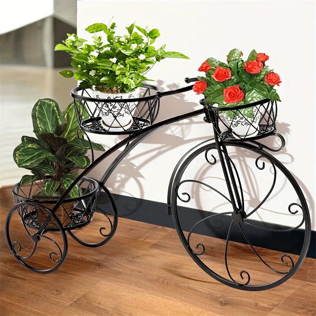 Metal Bicycle Planter 3 Tier Tricycle Flower Plant Stand Parisian Style Flower Display Stand Cart For Home Decor Patio Garden Flower Shop Indoor Outdoor