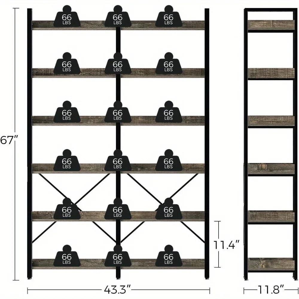 Metal Bookcase - 6-Tier Grey Storage Unit with Hooks, 43.3