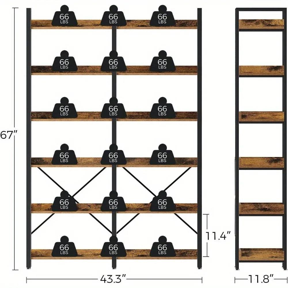 Metal Bookcase - 6-Tier Grey Storage Unit with Hooks, 43.3