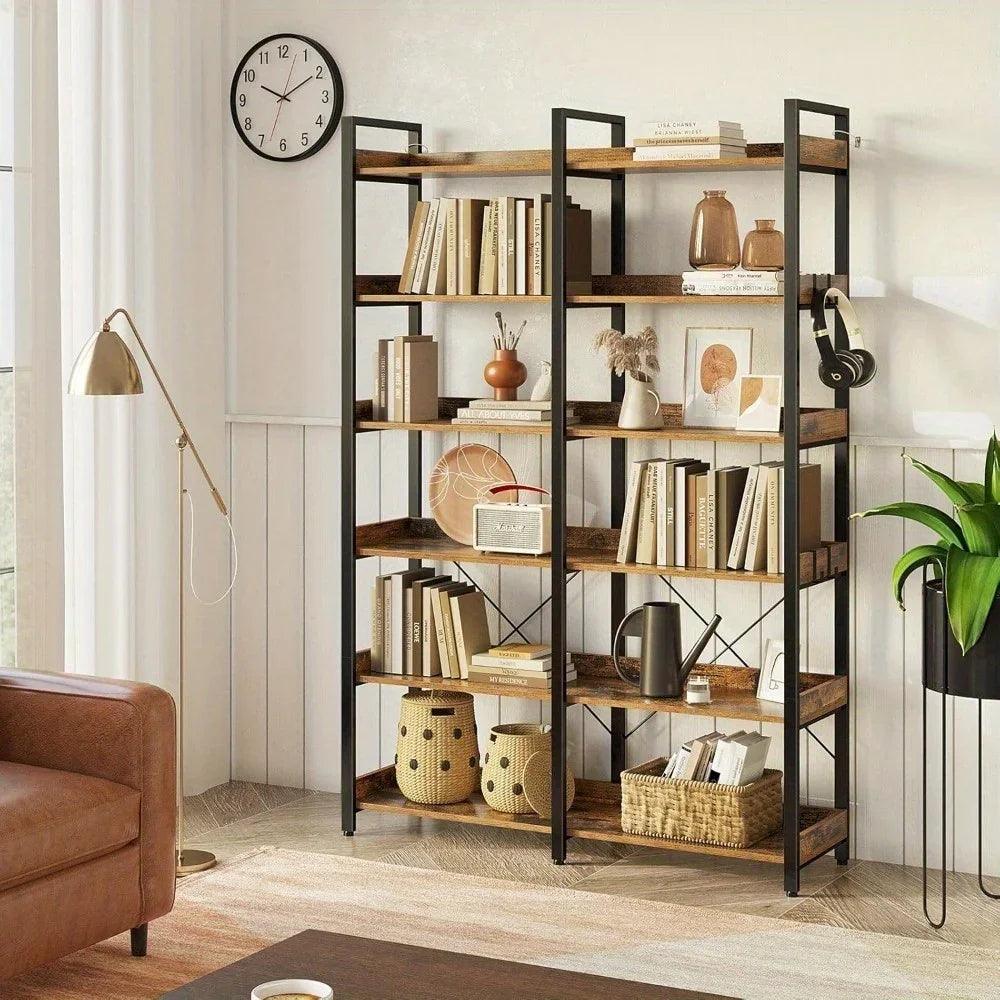Metal Bookcase - 6-Tier Grey Storage Unit with Hooks, 43.3