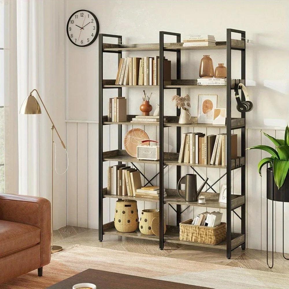 Metal Bookcase - 6-Tier Grey Storage Unit with Hooks, 43.3