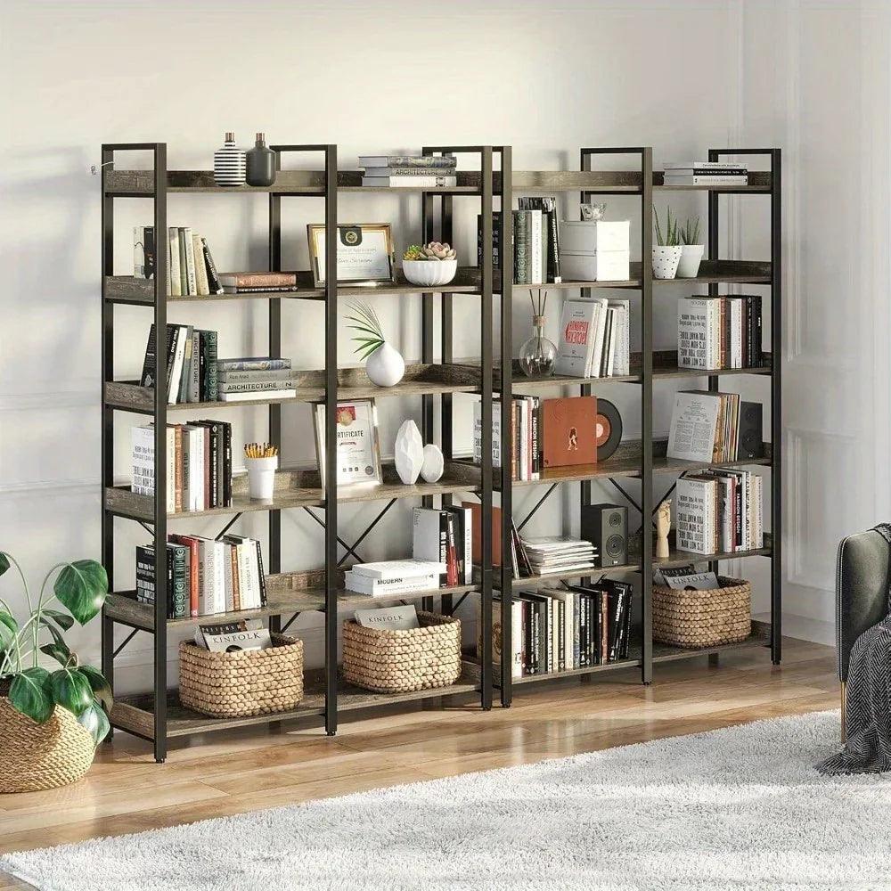 Metal Bookcase - 6-Tier Grey Storage Unit with Hooks, 43.3