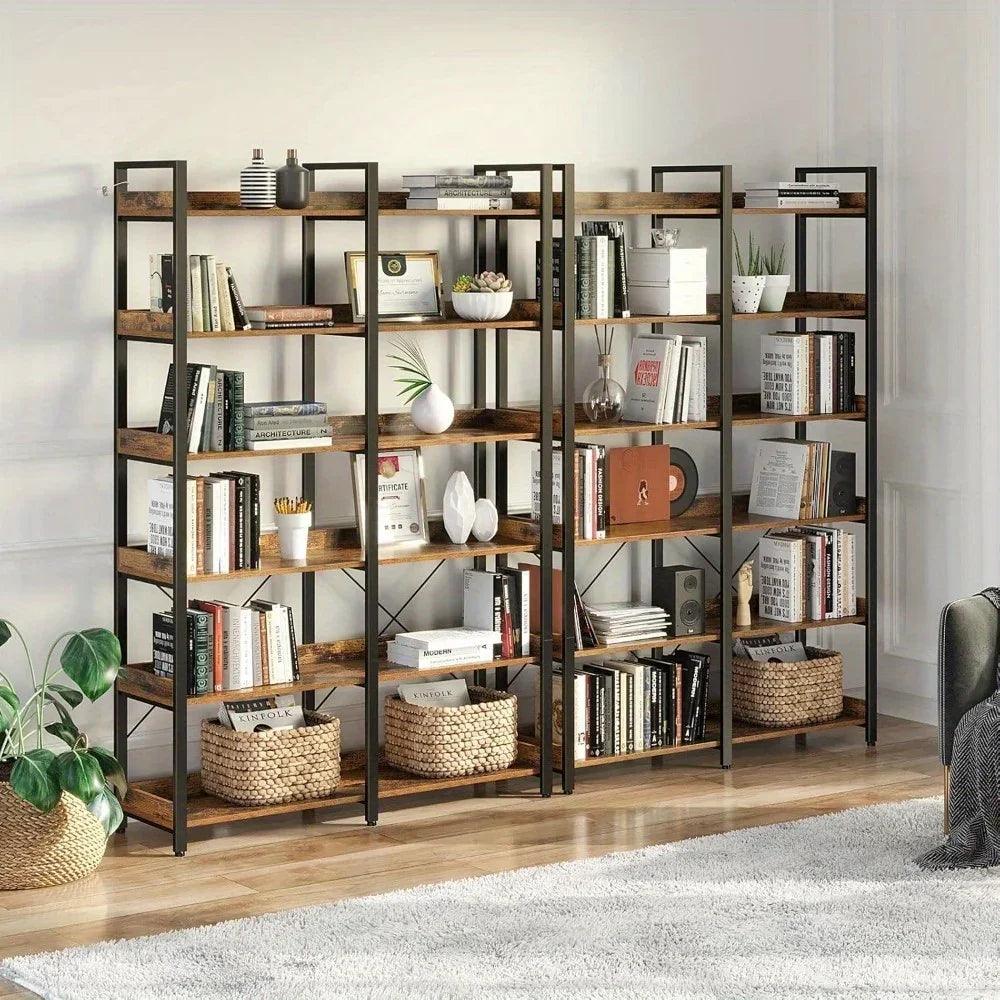 Metal Bookcase - 6-Tier Grey Storage Unit with Hooks, 43.3