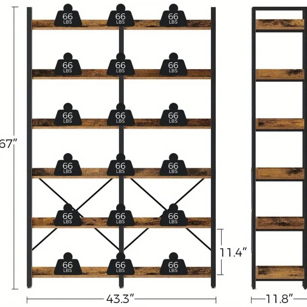 Metal Bookcase - 6-Tier Grey Storage Unit with Hooks, 43.3