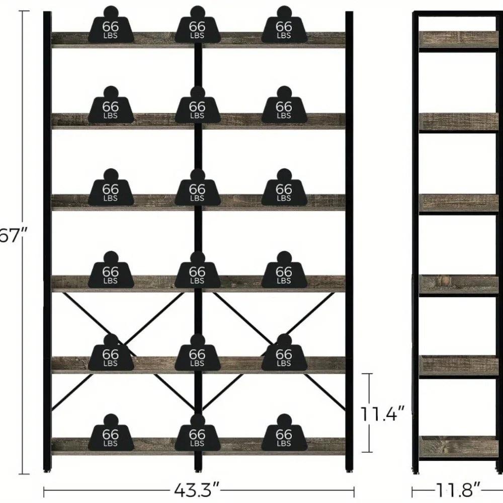 Metal Bookcase - 6-Tier Grey Storage Unit with Hooks, 43.3
