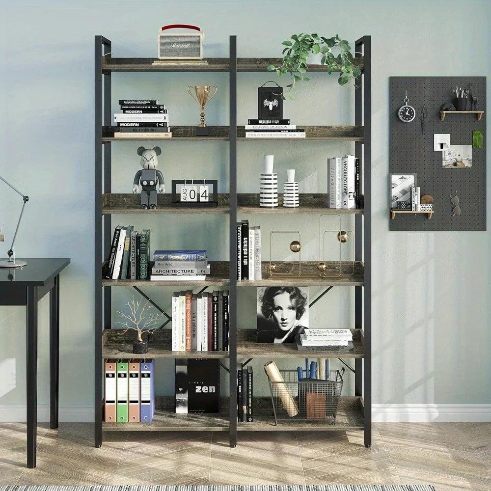 Metal Bookcase - 6-Tier Grey Storage Unit with Hooks, 43.3