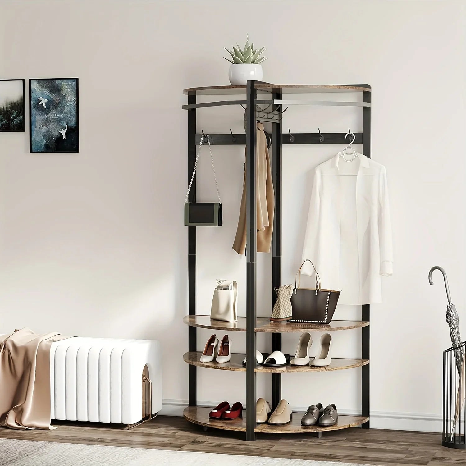 Metal Corner Coat Rack with 6 Double Hooks, Space Saving Storage