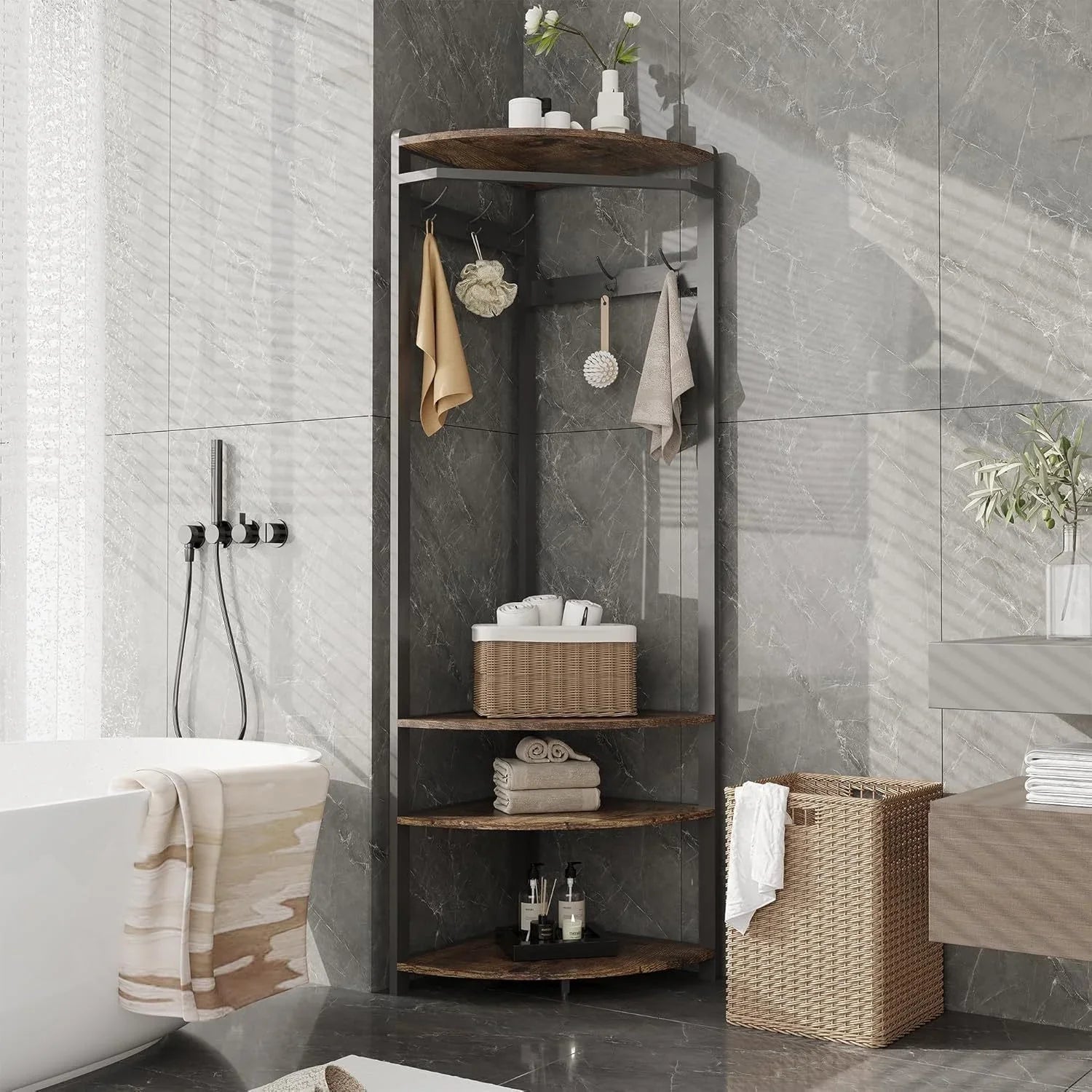 Metal Corner Coat Rack with 6 Double Hooks, Space Saving Storage