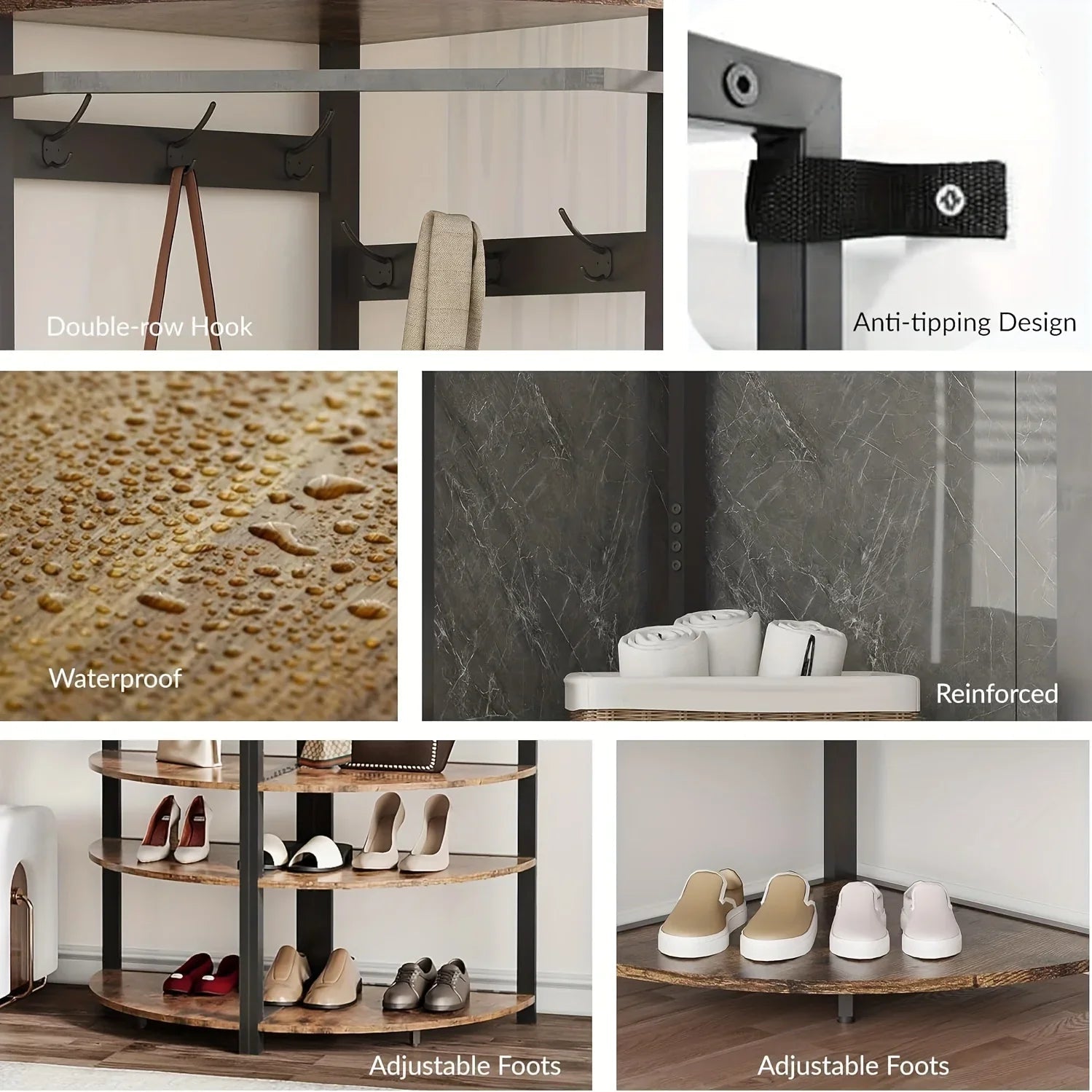 Metal Corner Coat Rack with 6 Double Hooks, Space Saving Storage