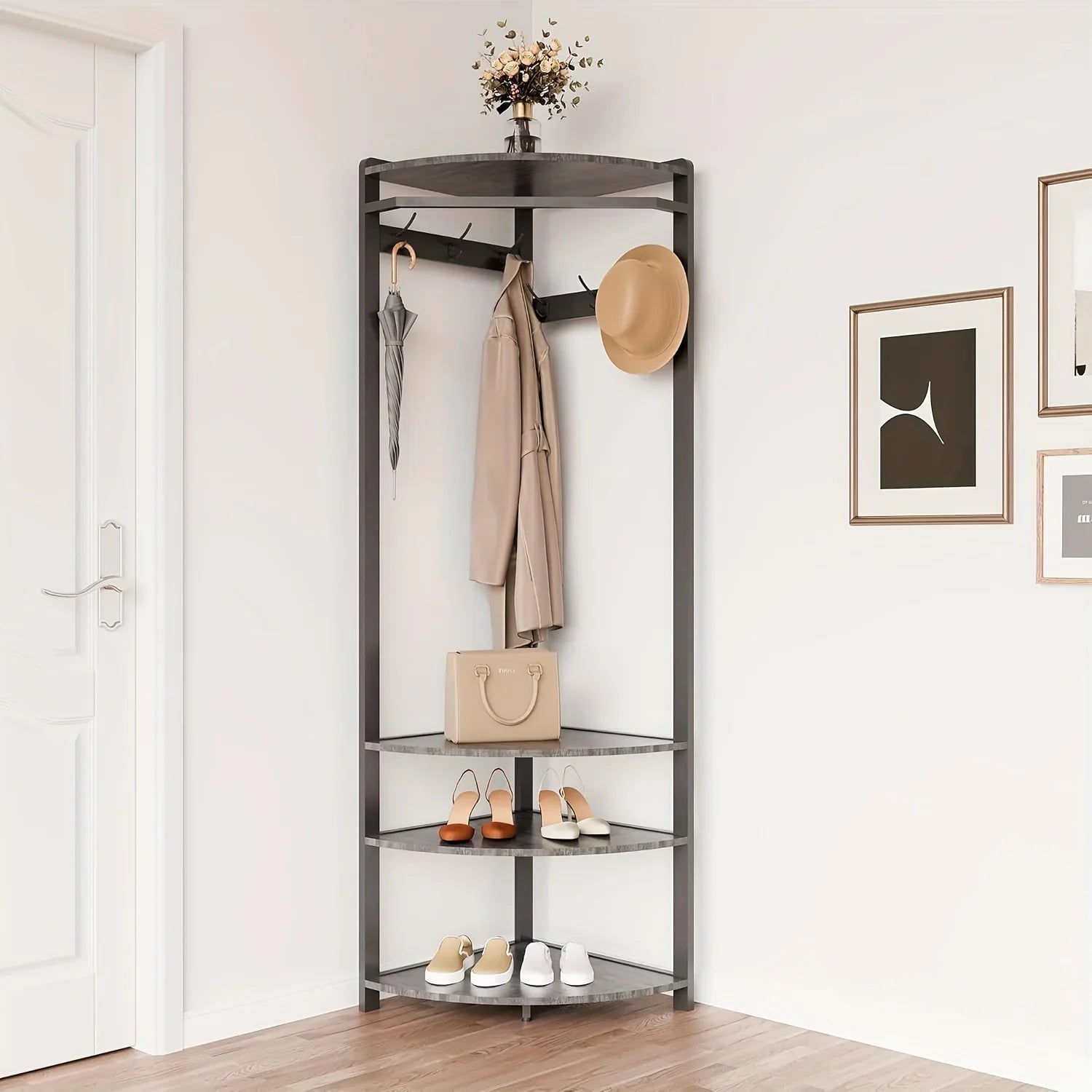 Metal Corner Coat Rack with 6 Double Hooks, Space Saving Storage