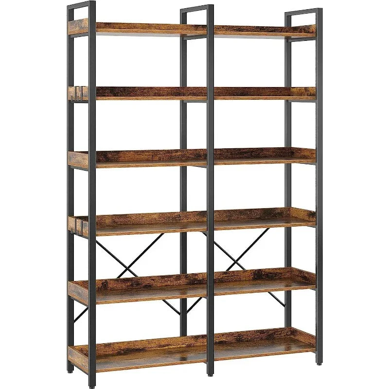 Metal Display Rack with 6 Open Shelves and Hooks