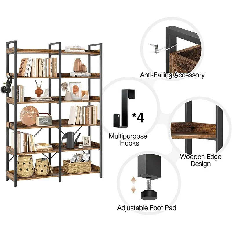 Metal Display Rack with 6 Open Shelves and Hooks