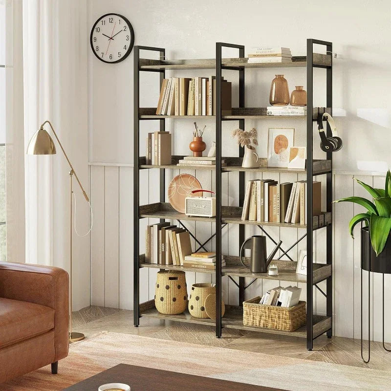 Metal Display Rack with 6 Open Shelves and Hooks