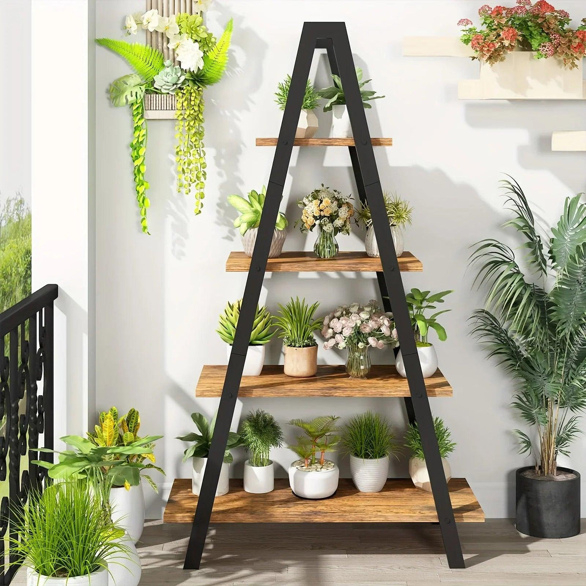 Metal Ladder Bookshelf with 5 Shelves for Industrial Storage