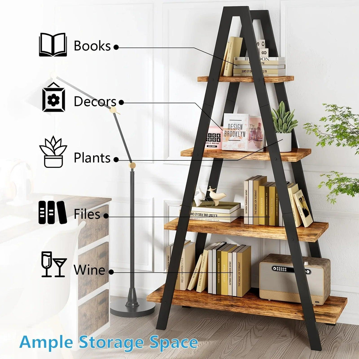 Metal Ladder Bookshelf with 5 Shelves for Industrial Storage