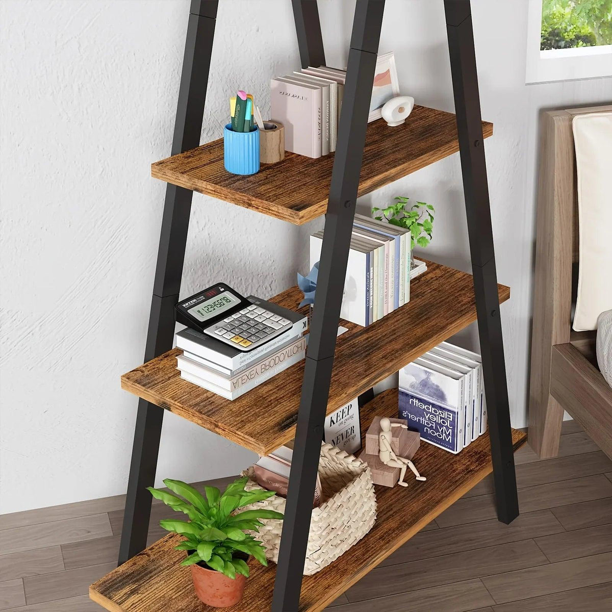 Metal Ladder Bookshelf with 5 Shelves for Industrial Storage