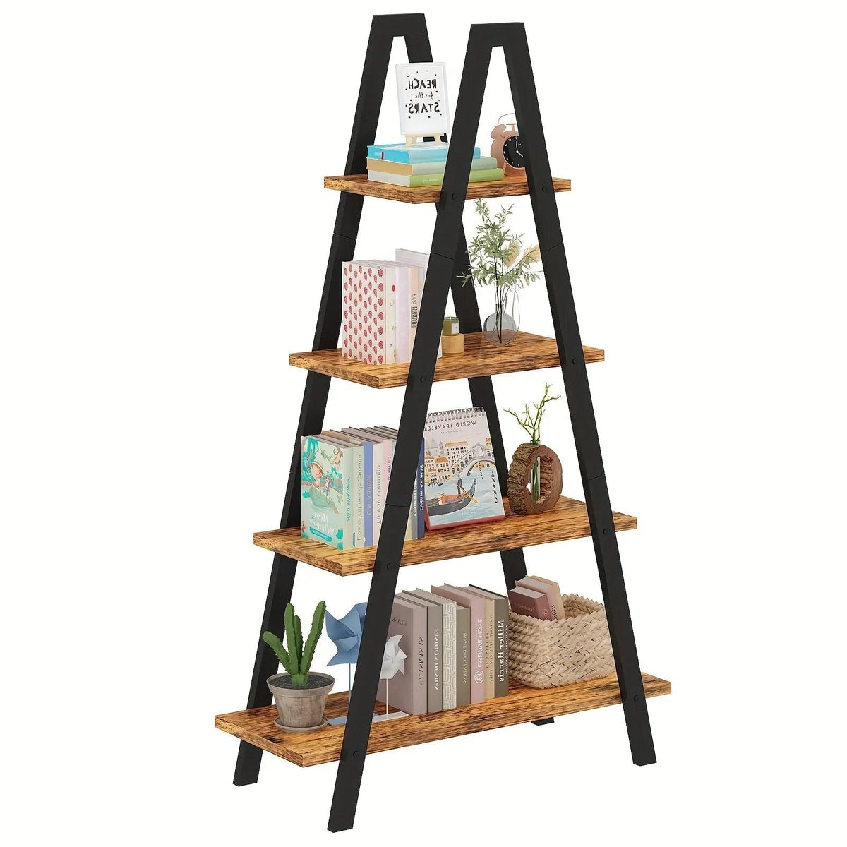 Metal Ladder Bookshelf with 5 Shelves for Industrial Storage