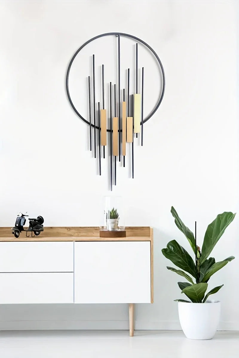 Metal Wall Art - Geometric Circle Design with Rustic Industrial Bars & Beams