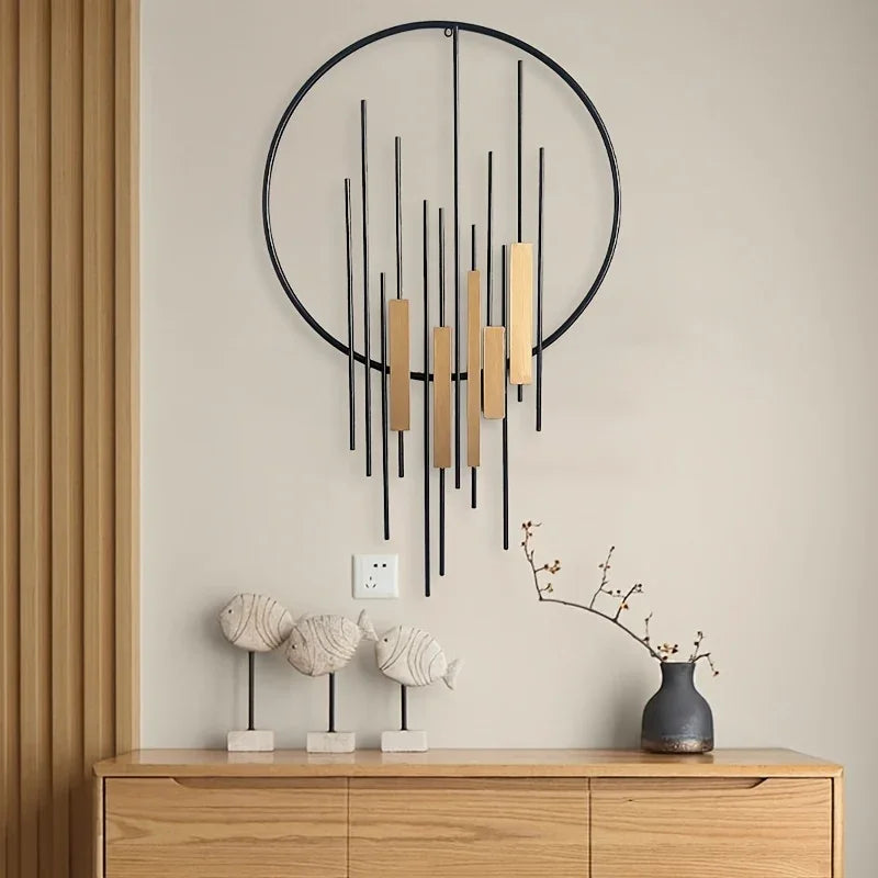Metal Wall Art - Geometric Circle Design with Rustic Industrial Bars & Beams