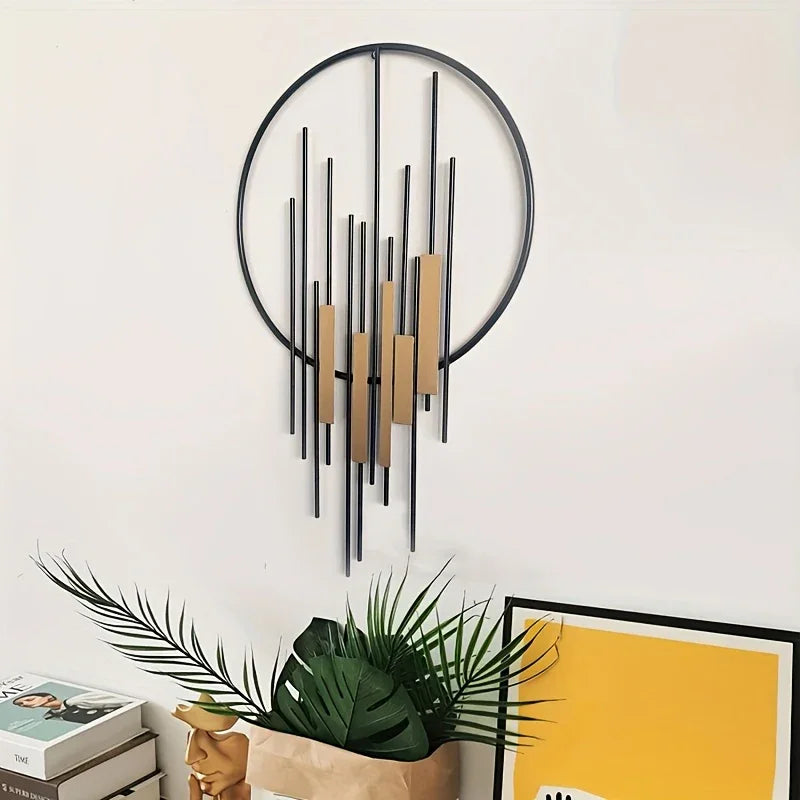 Metal Wall Art - Geometric Circle Design with Rustic Industrial Bars & Beams