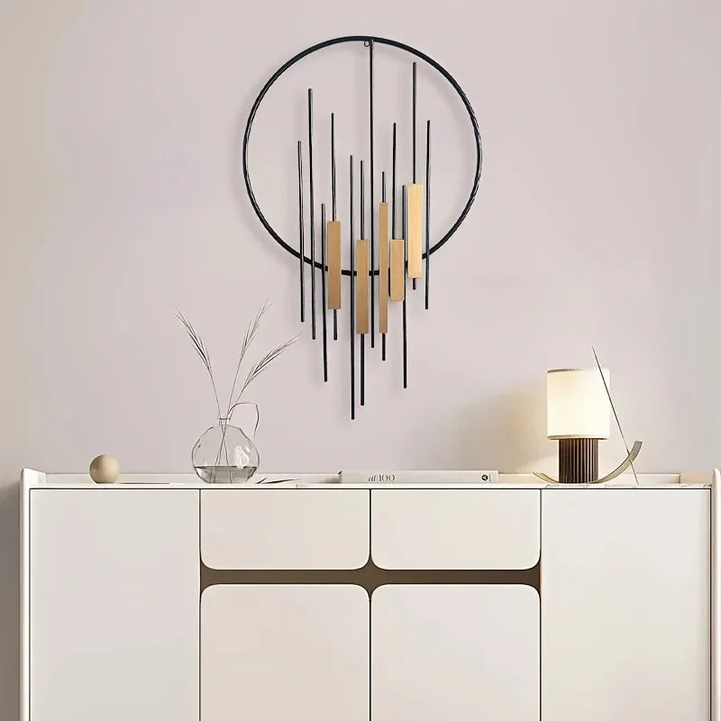Metal Wall Art - Geometric Circle Design with Rustic Industrial Bars & Beams