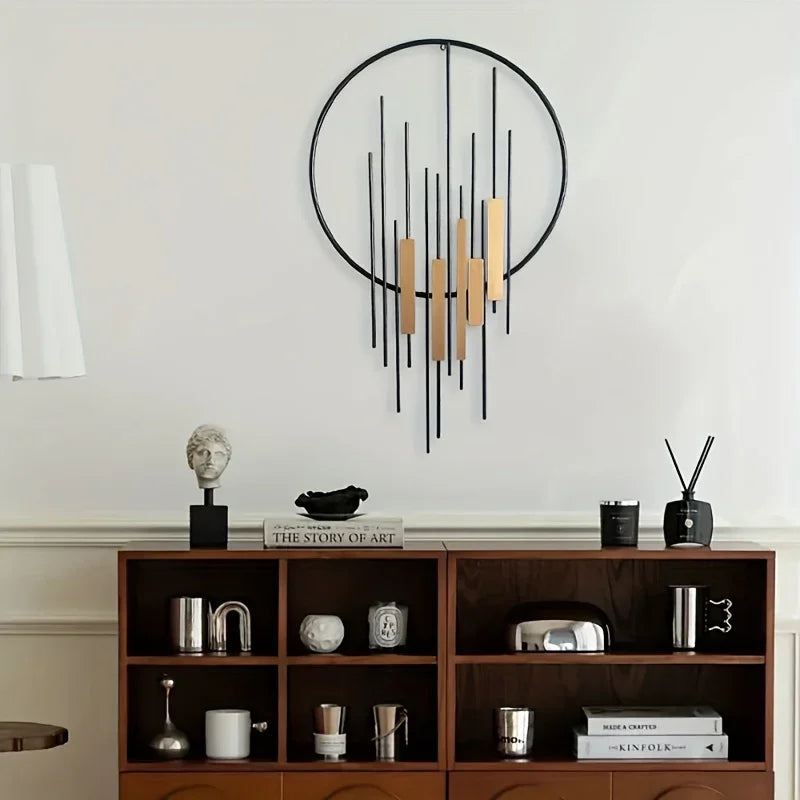 Metal Wall Art - Geometric Circle Design with Rustic Industrial Bars & Beams