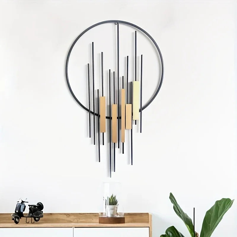 Metal Wall Art - Geometric Circle Design with Rustic Industrial Bars & Beams