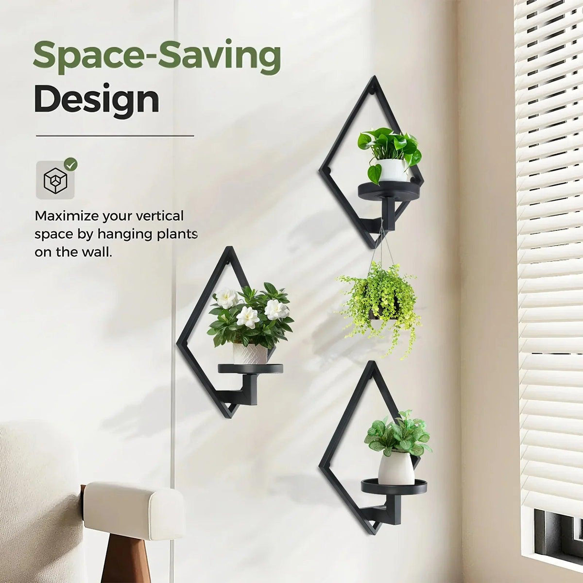 Metal Wall Planters with Geometric Frame - 3-Pack Hanging Shelves